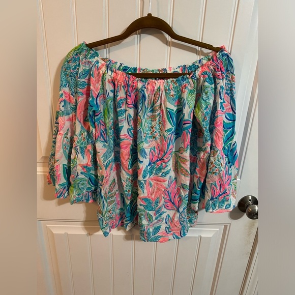 Lily Pulitzer Tropical Blue and Pink off the shoulder top - Picture 2 of 6